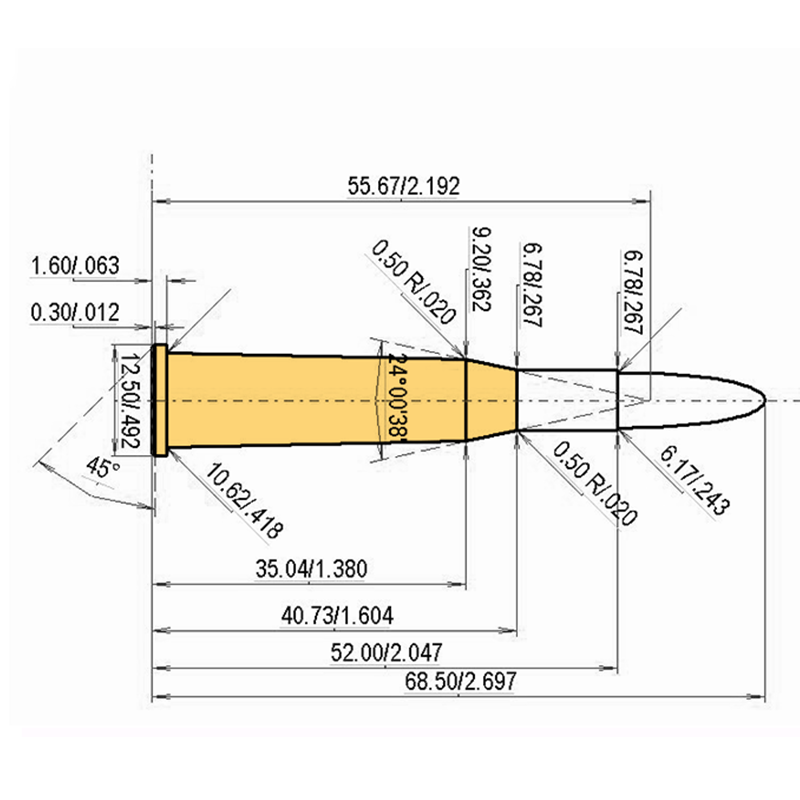 6 x 52 R BB2 Catridge Dimensions