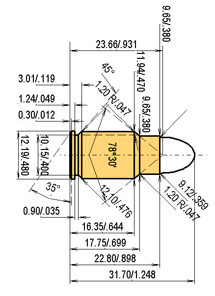 .38-45 ACP Catridge Dimensions