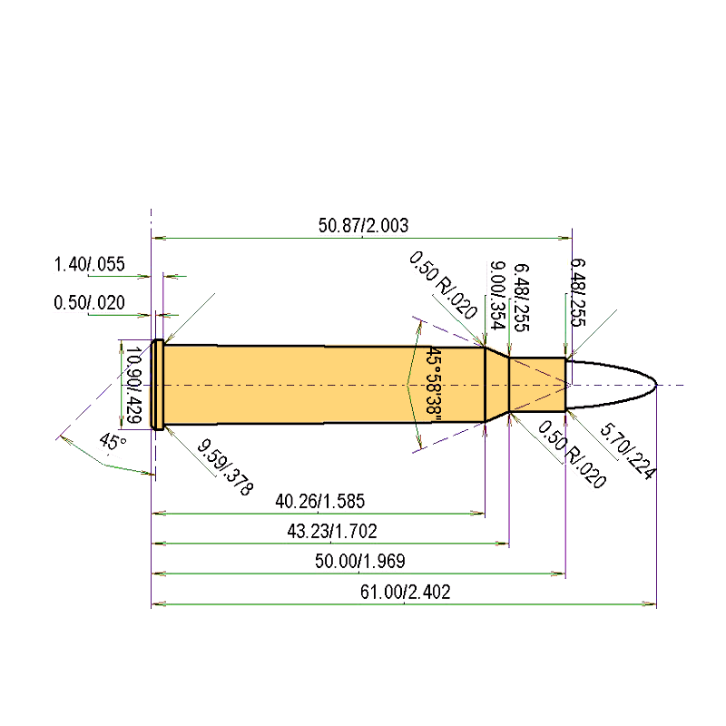 5.6 x 50 R Mag. Catridge Dimensions