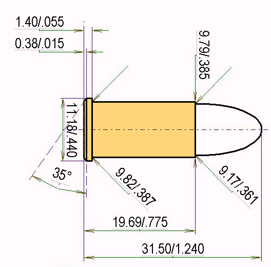 .38 S&W (Colt N.P.) Catridge Dimensions